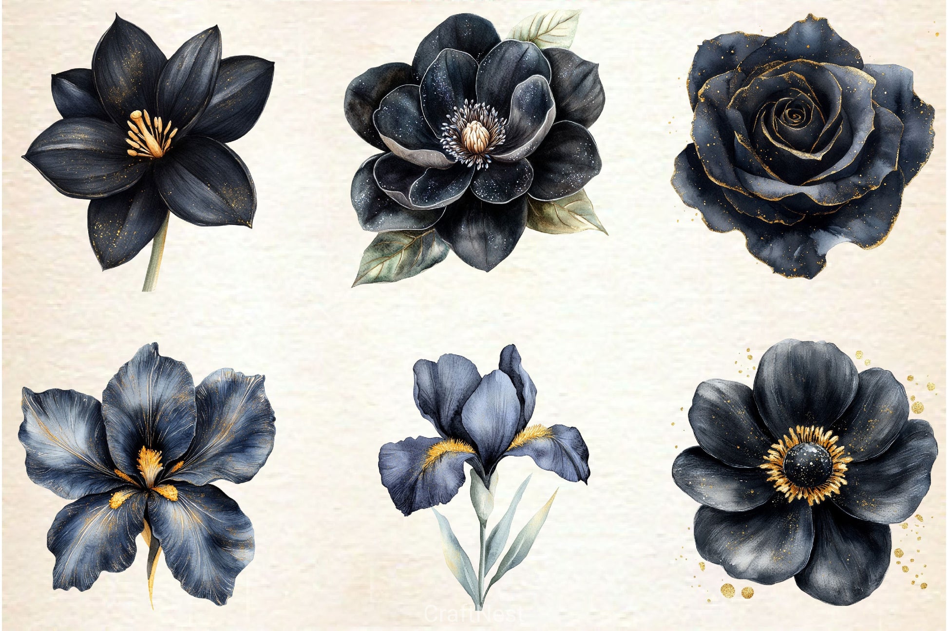 Glitter Luxury Black Spring Flower Clipart Bundle 2 - CraftNest - Digital Crafting and Art
