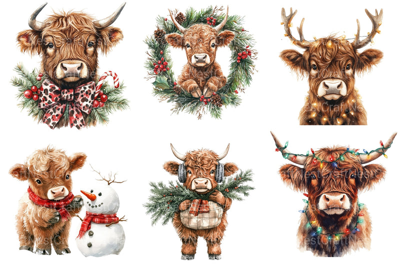 Christmas Highland Cow Clipart Bundle 1 - CraftNest - Digital Crafting and Art