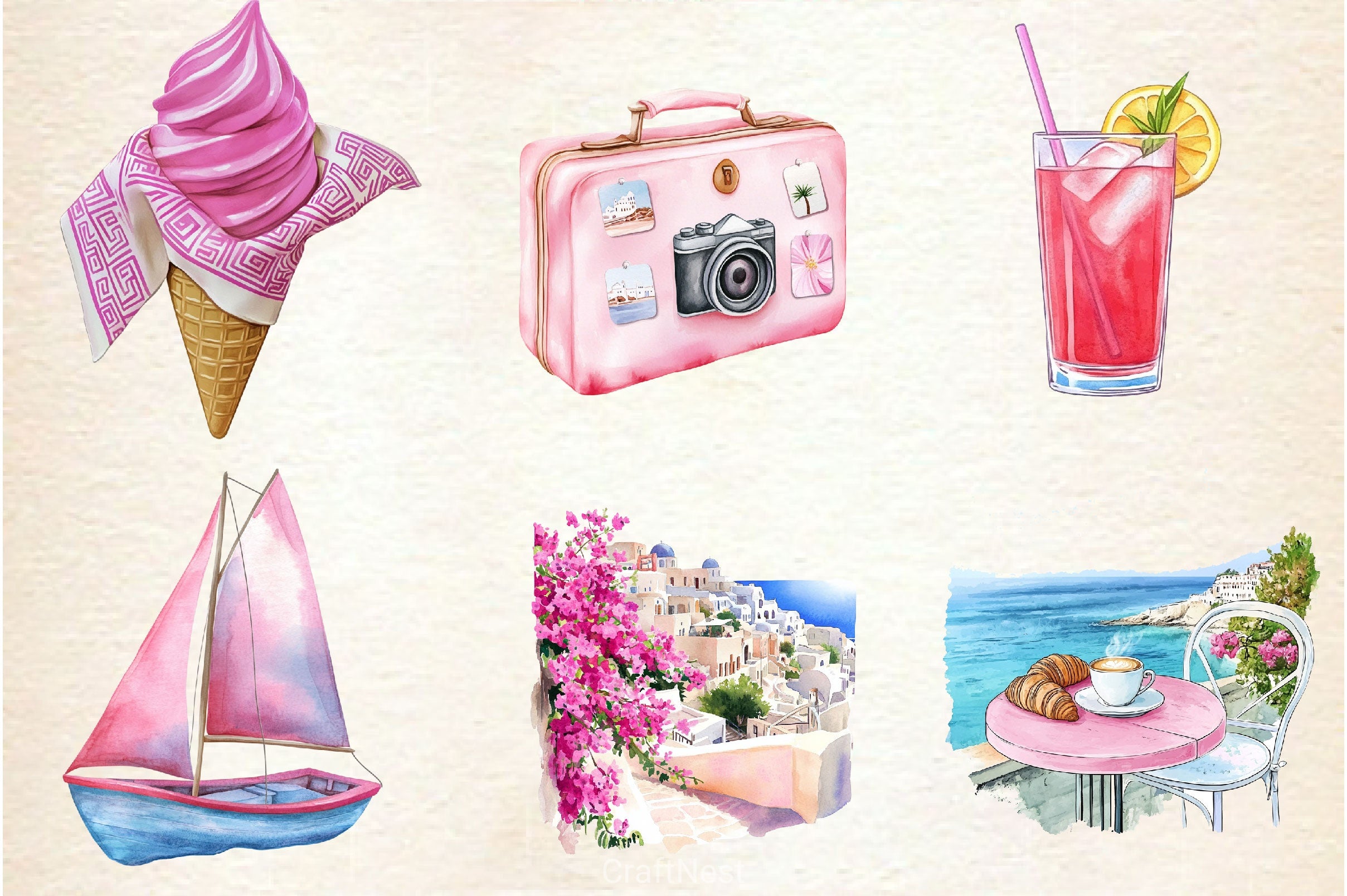Pink Summer Santorini Travel Clipart Bundle 2 - CraftNest - Digital Crafting and Art