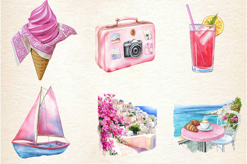 Pink Summer Santorini Travel Clipart Bundle 2 - CraftNest - Digital Crafting and Art