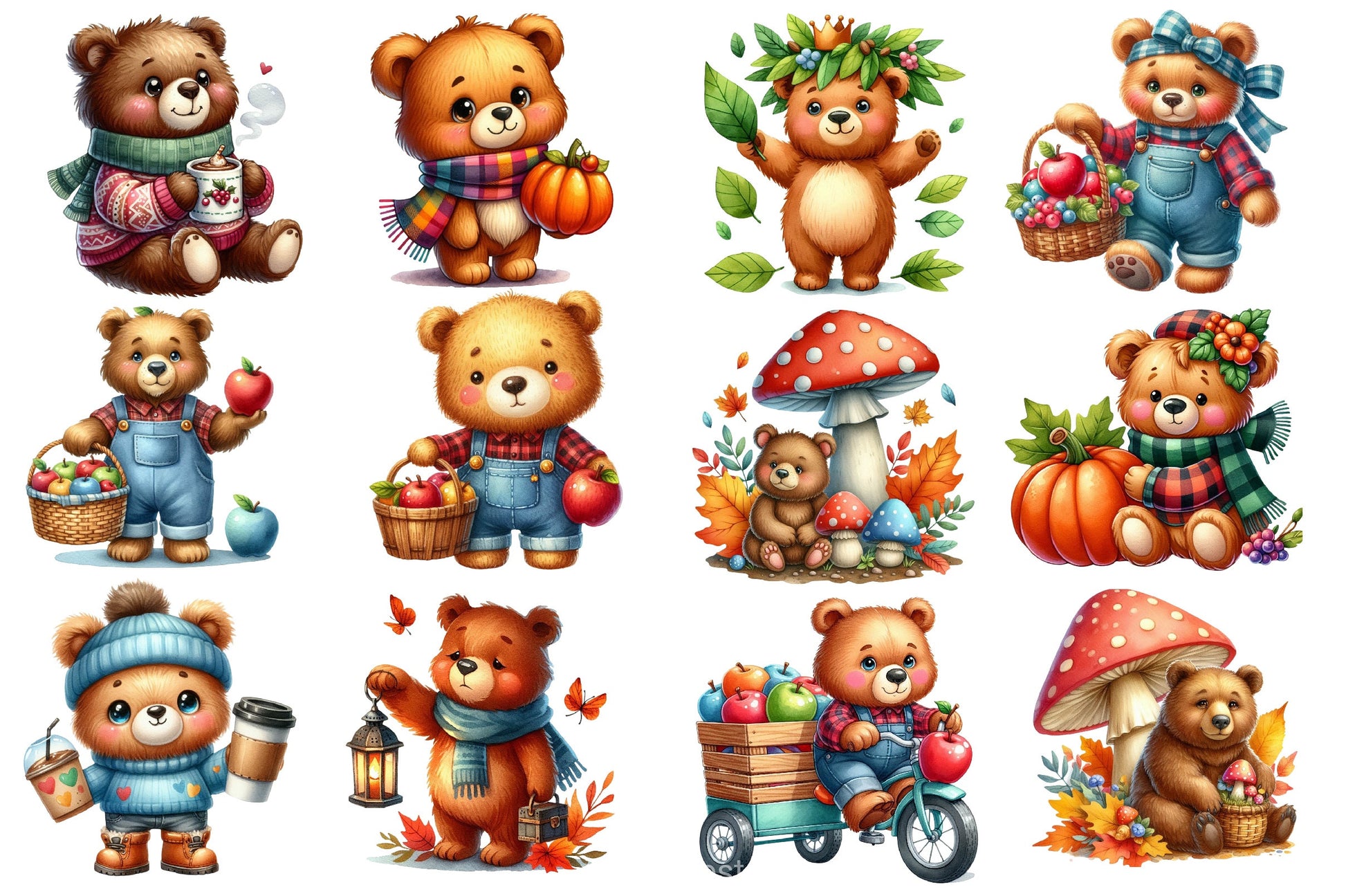 Cute Bear Character In Autumn Season Clipart Bundle - CraftNest - Digital Crafting and Art