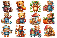 Cute Bear Character In Autumn Season Clipart Bundle - CraftNest - Digital Crafting and Art