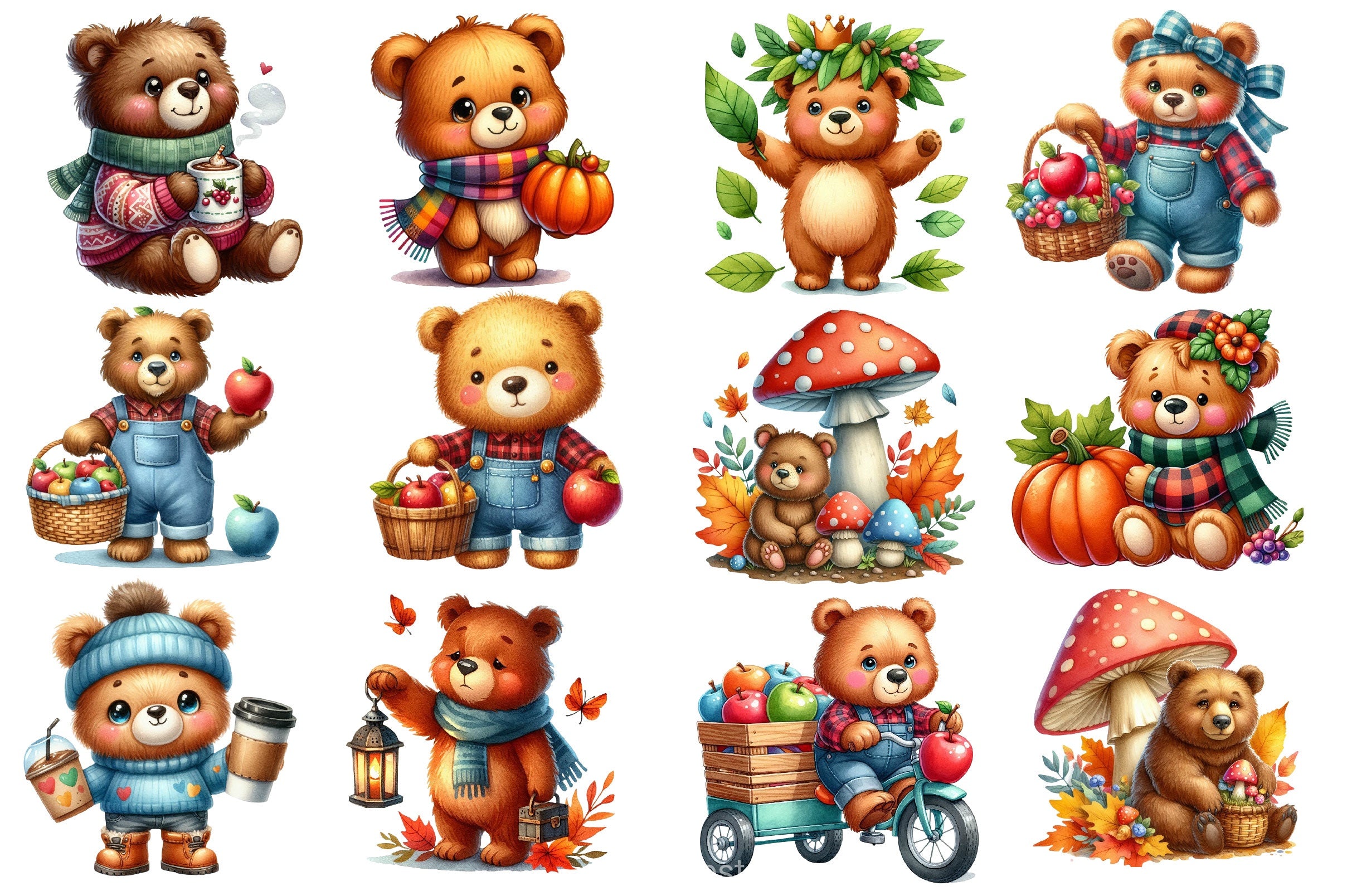 Cute Bear Character In Autumn Season Clipart Bundle - CraftNest - Digital Crafting and Art