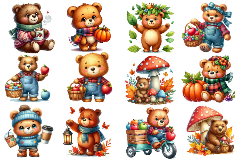 Cute Bear Character In Autumn Season Clipart Bundle - CraftNest - Digital Crafting and Art