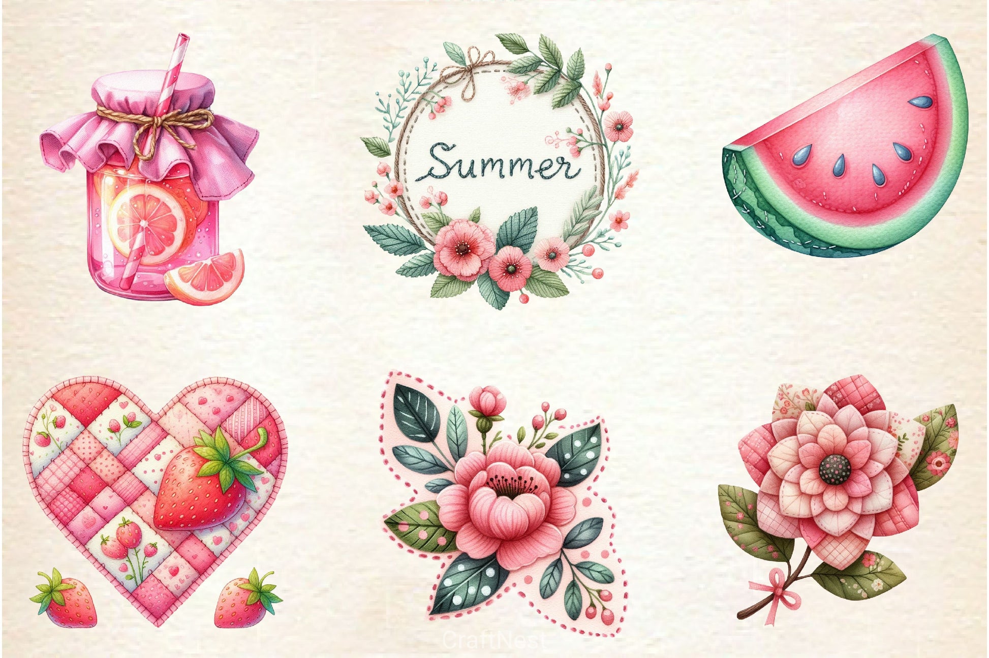 Pink Patchwork Summer Clipart Bundle - CraftNest - Digital Crafting and Art