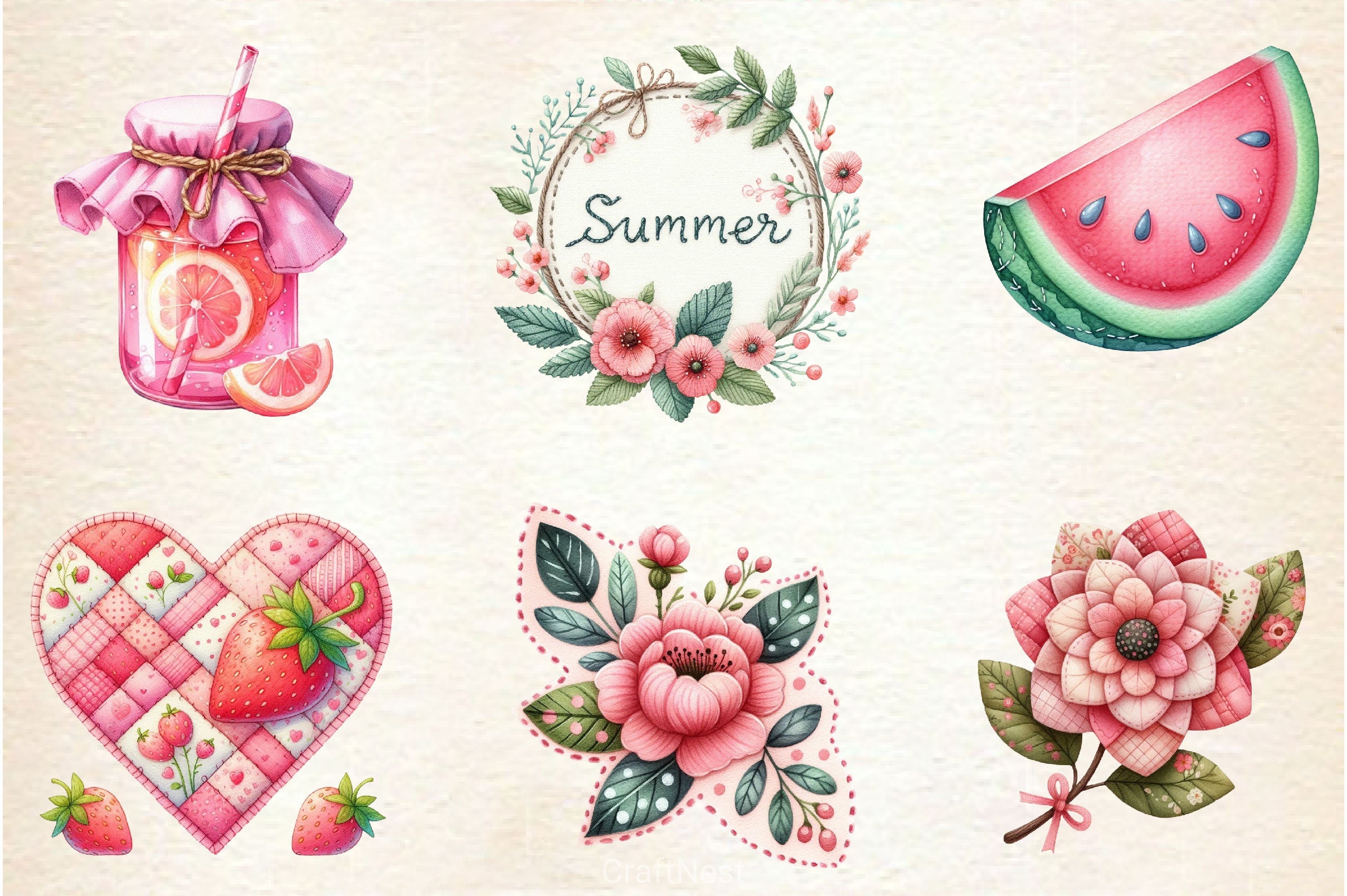 Pink Patchwork Summer Clipart Bundle - CraftNest - Digital Crafting and Art