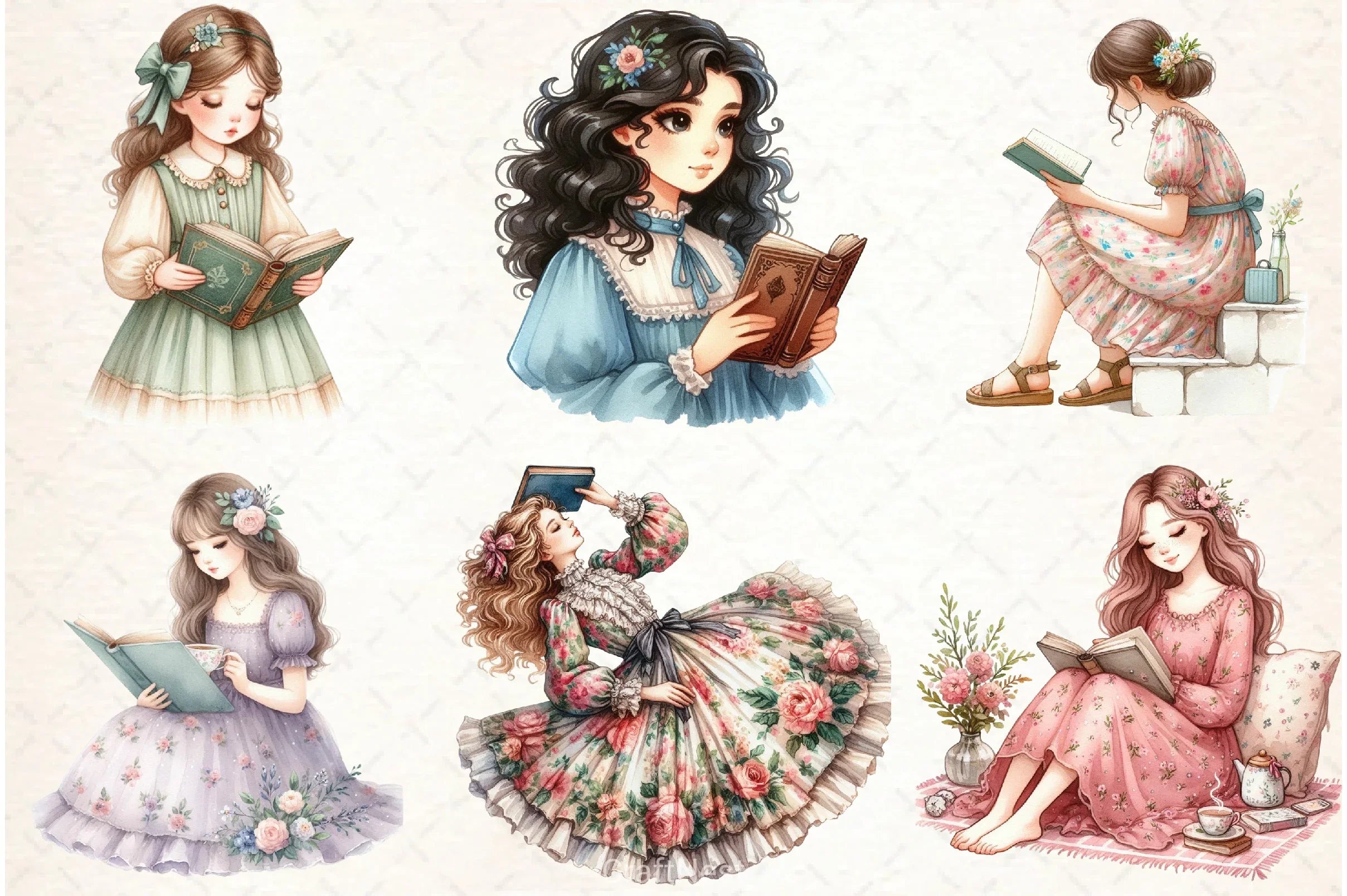 Floral Dress Girl Reading Clipart Bundle - CraftNest - Digital Crafting and Art