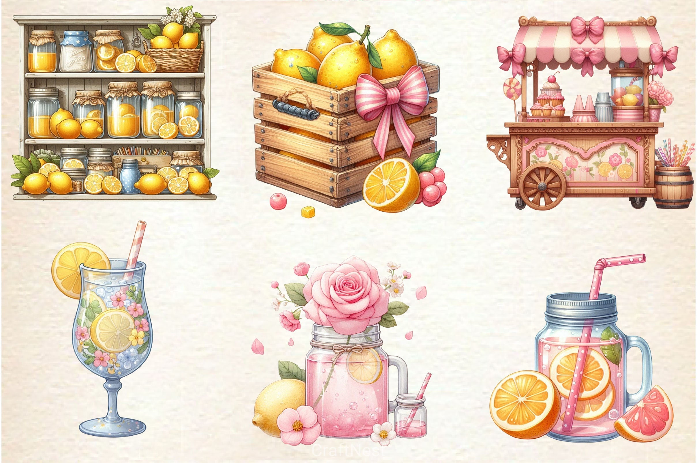 Pastel Pink Lemonade Party Decor Clipart Bundle - CraftNest - Digital Crafting and Art