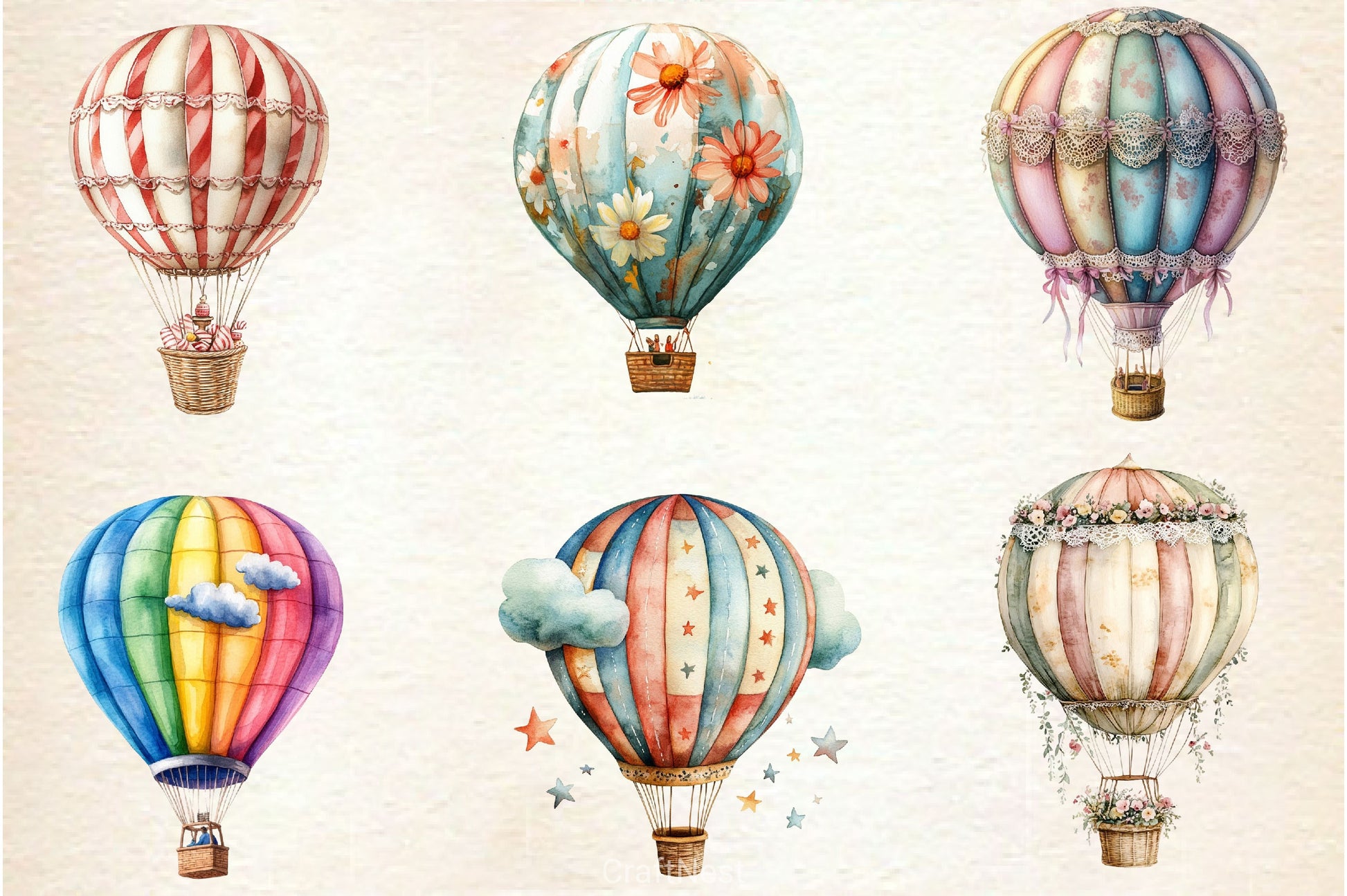 Summer Whimsical Hot Air Balloons Clipart Bundle - CraftNest - Digital Crafting and Art