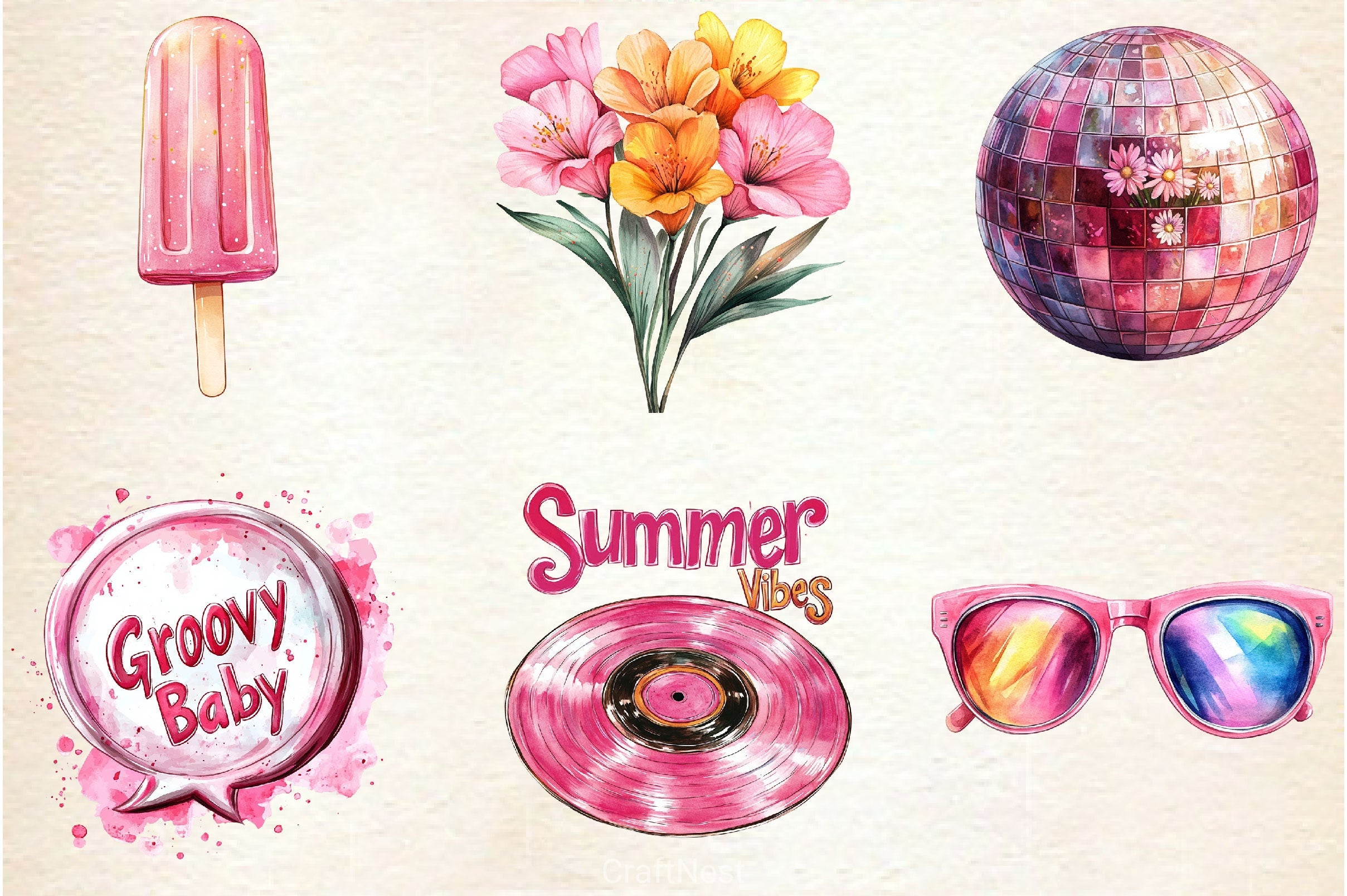 Pink Groovy Summer Clipart Bundle - CraftNest - Digital Crafting and Art