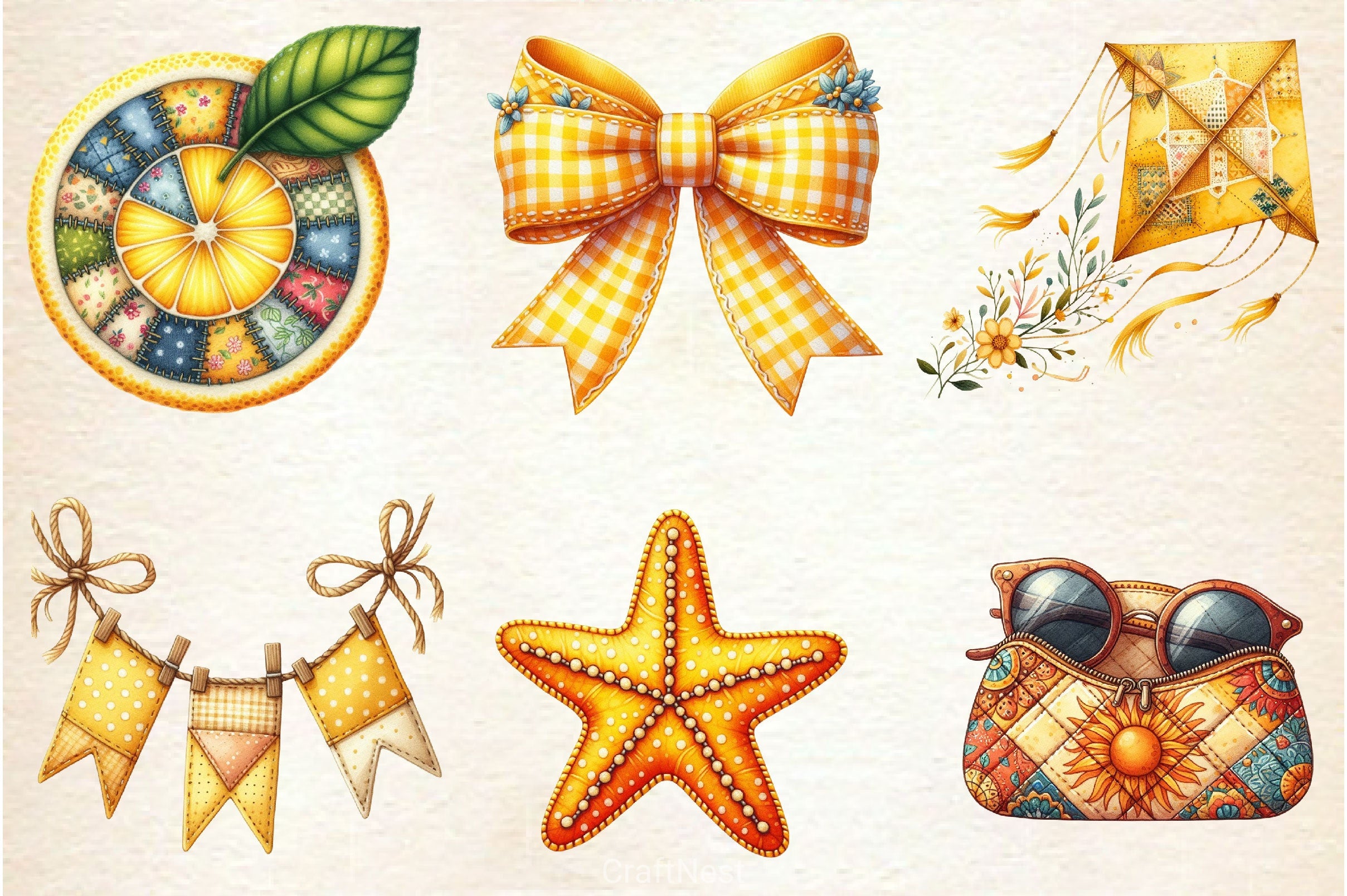 Yellow Patchwork Summer Clipart Bundle 3 - CraftNest - Digital Crafting and Art