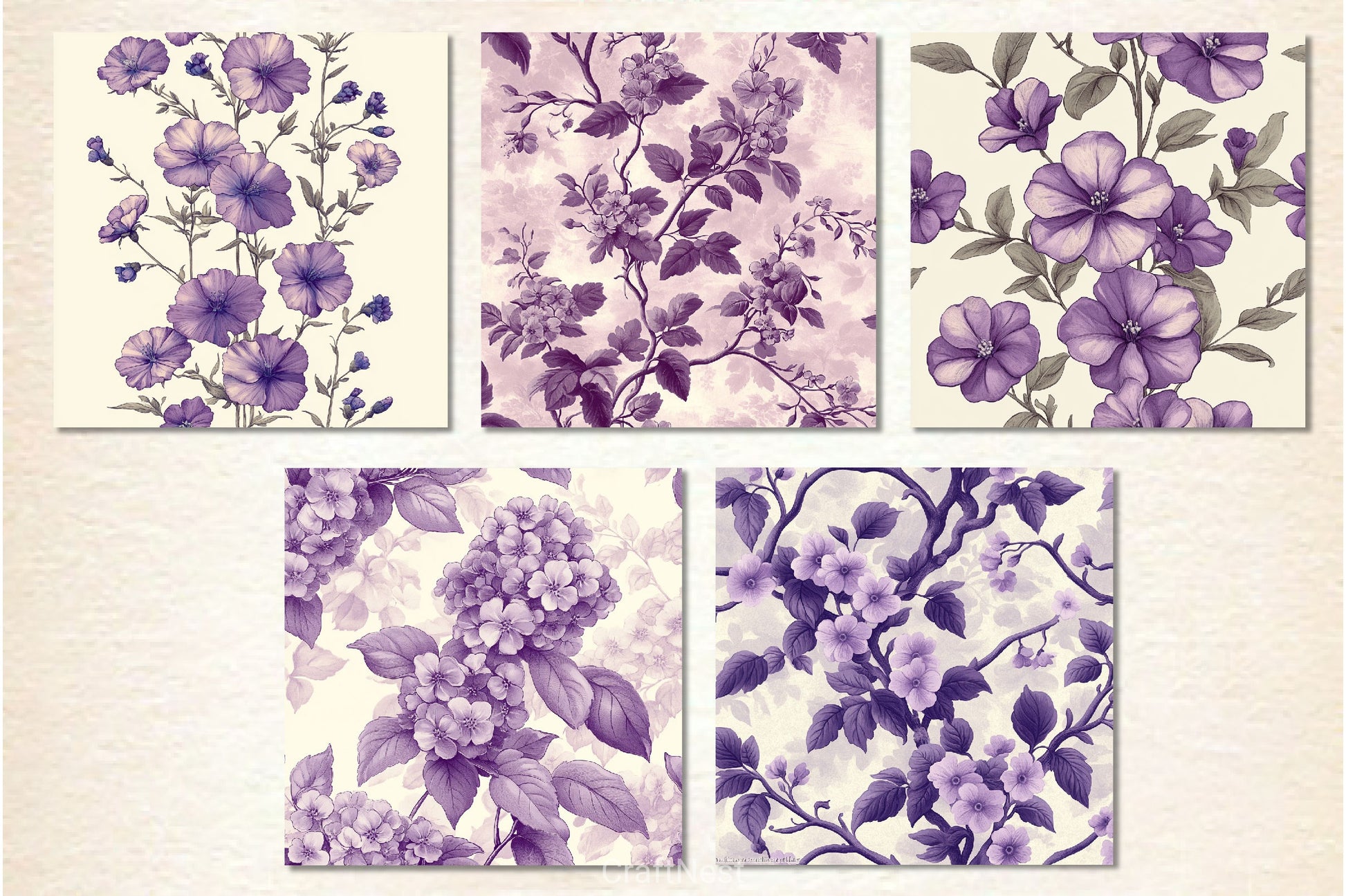 Purple Toile Creeping Phlox Flower Digital Papers - CraftNest - Digital Crafting and Art