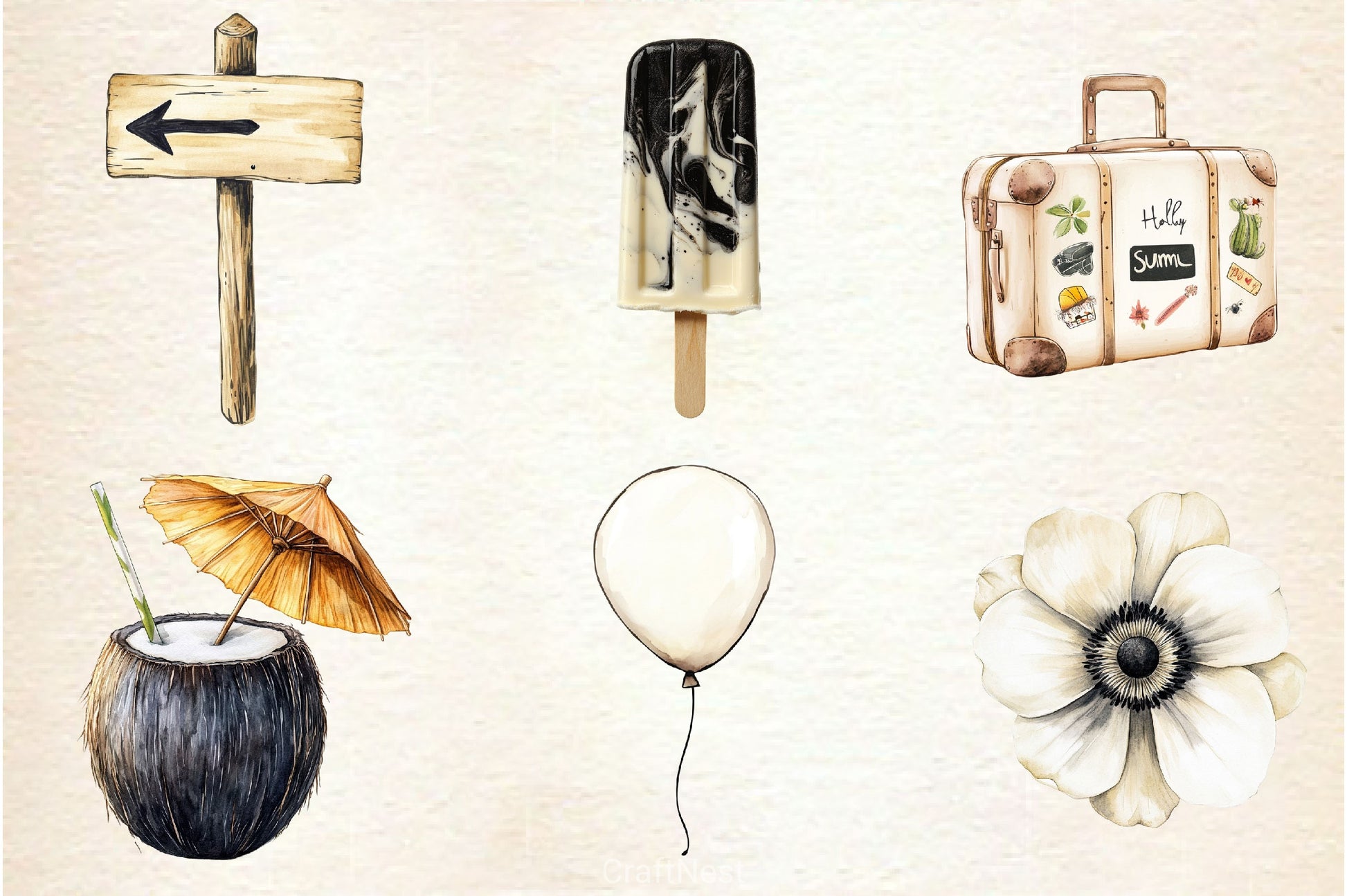 Ivory And Black Hello Summer Clipart Bundle - CraftNest - Digital Crafting and Art