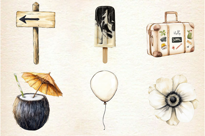 Ivory And Black Hello Summer Clipart Bundle - CraftNest - Digital Crafting and Art