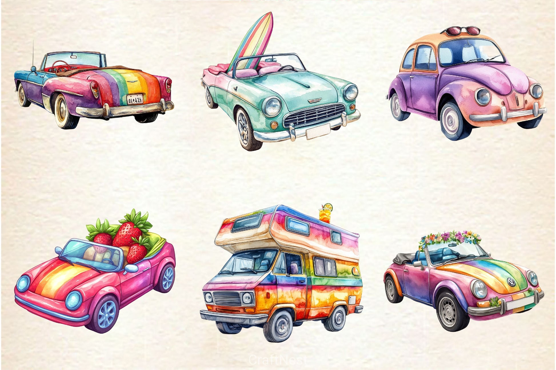 Rainbow Cute Summer Car Clipart Bundle - CraftNest - Digital Crafting and Art