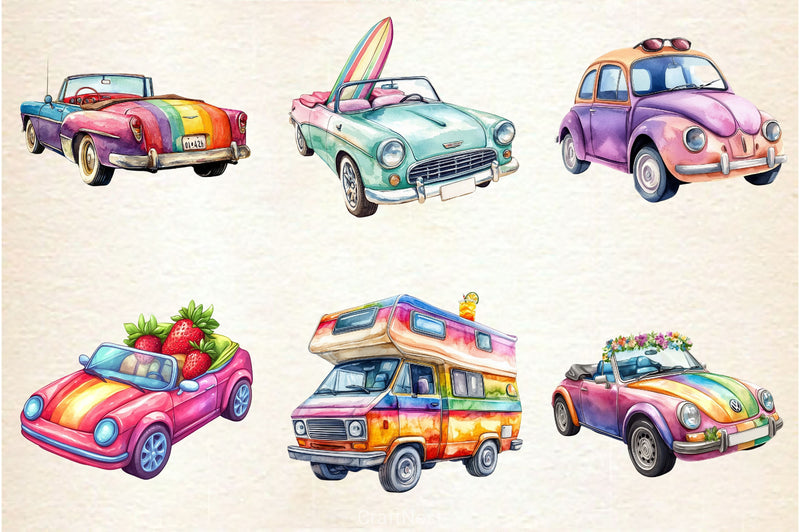 Rainbow Cute Summer Car Clipart Bundle - CraftNest - Digital Crafting and Art
