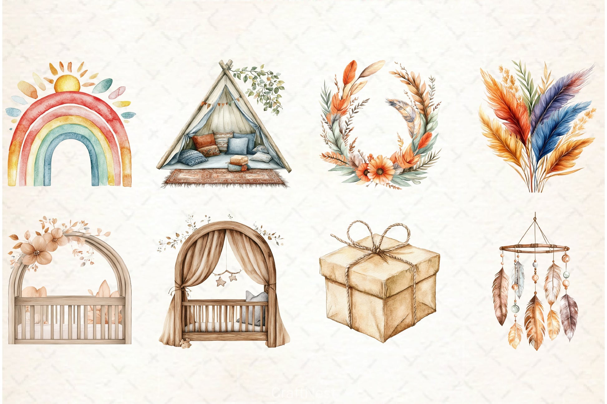 Boho Nursery Baby Shower Clipart Bundle - CraftNest - Digital Crafting and Art