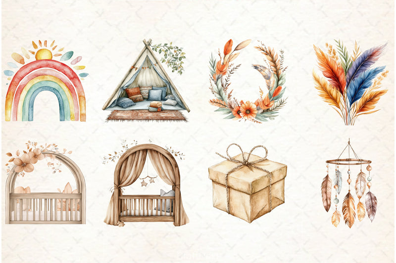Boho Nursery Baby Shower Clipart Bundle - CraftNest - Digital Crafting and Art