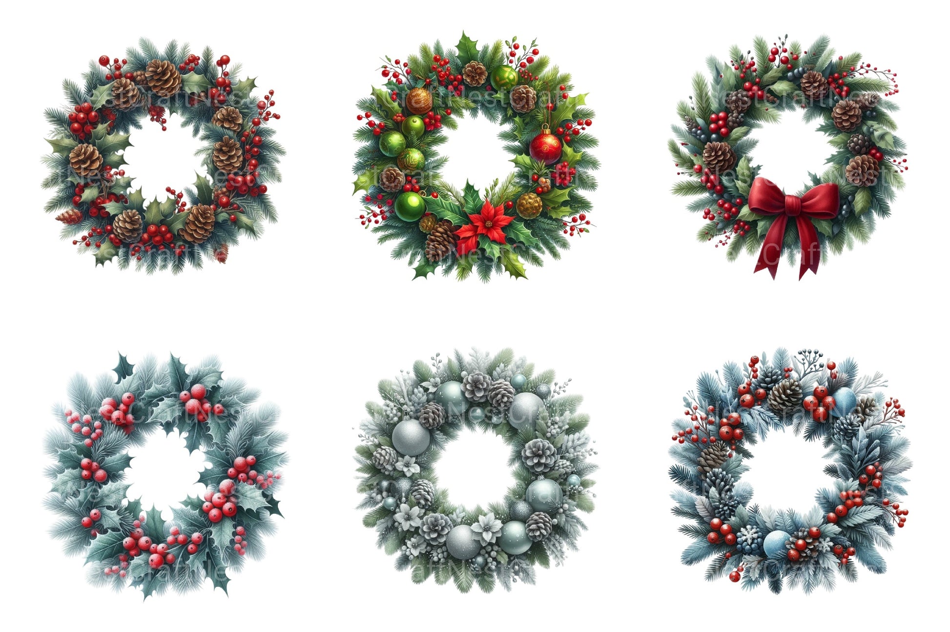 Grandmillennial Christmas Wreath Clipart Bundle for Commercial Use - CraftNest - Digital Crafting and Art