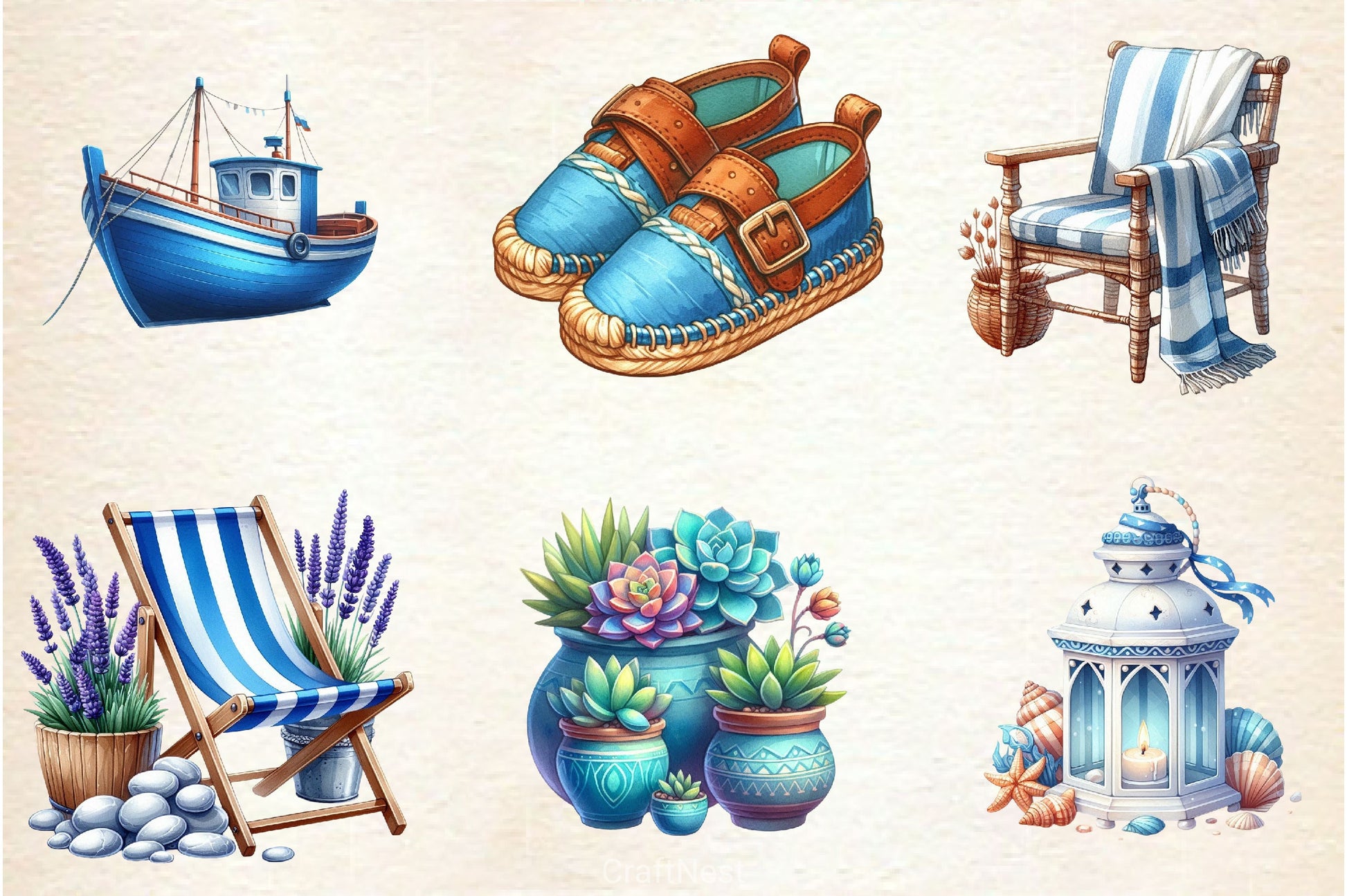 Blue Summer Mediterranean Clipart Bundle - CraftNest - Digital Crafting and Art