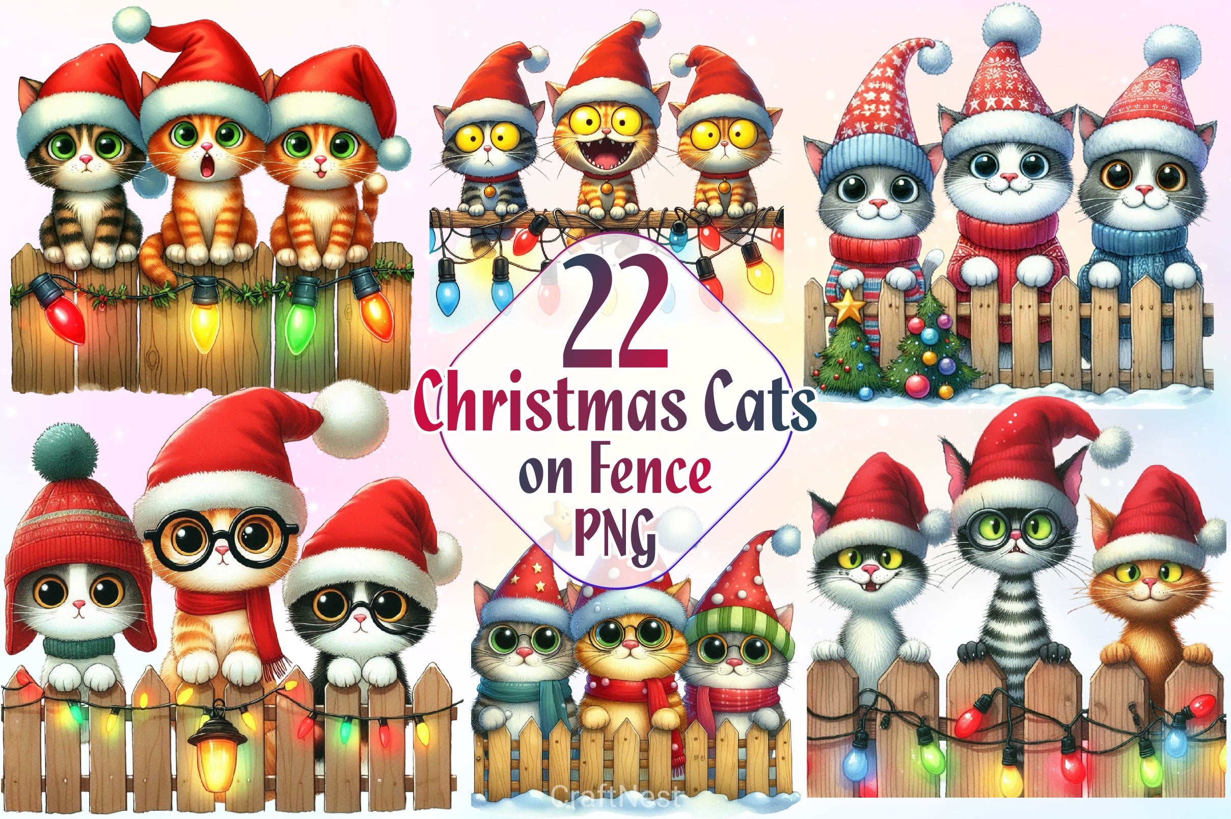 Christmas Cat On Fence Clipart Bundle 2 - CraftNest - Digital Crafting and Art