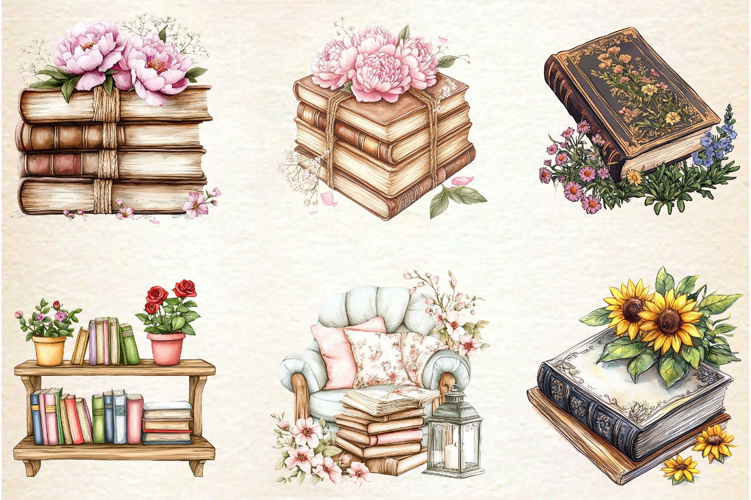 Old Books With Floral Clipart Bundle - CraftNest - Digital Crafting and Art