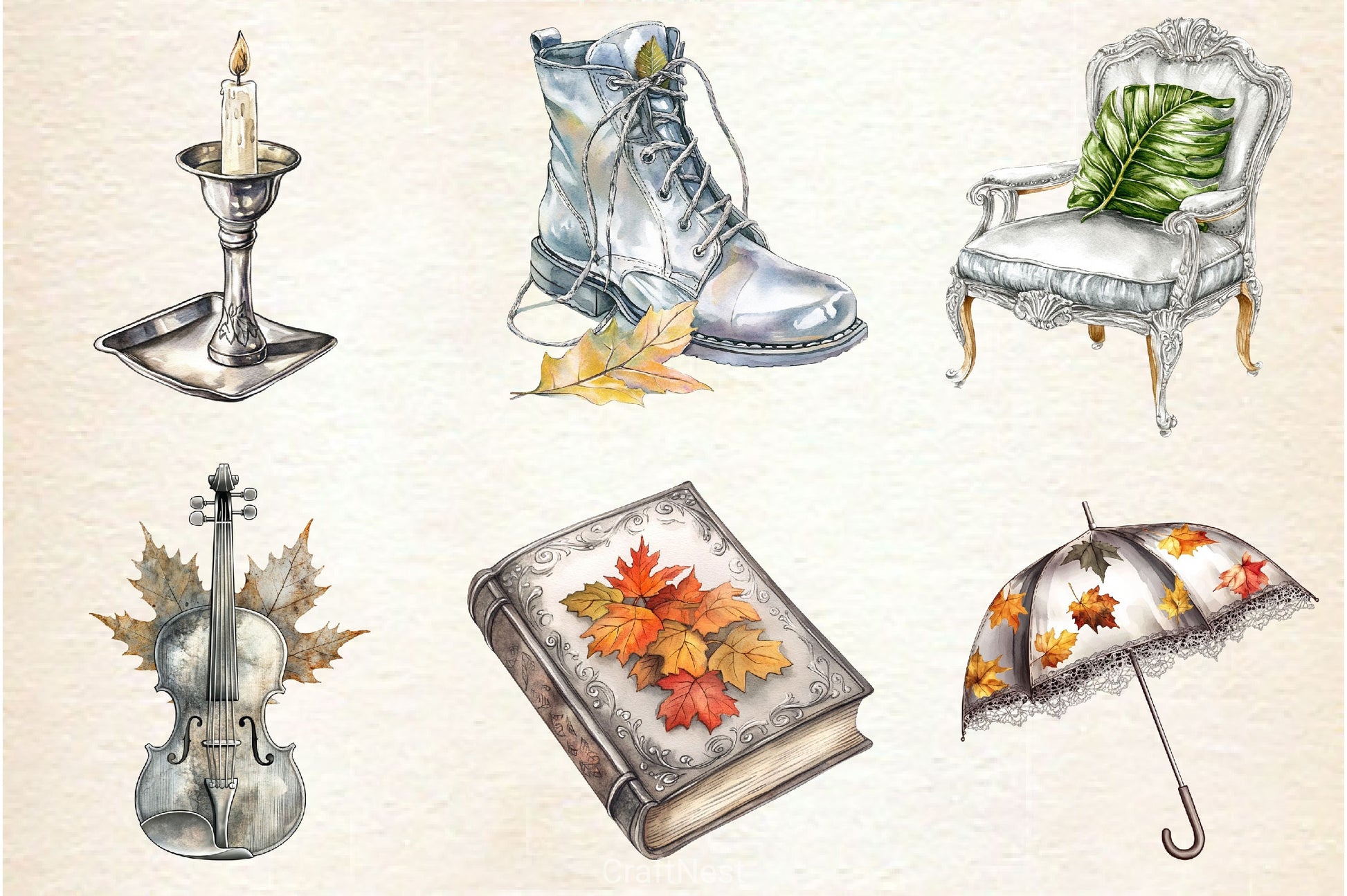 Silver Vintage Aesthetic Autumn Clipart Bundle 2 - CraftNest - Digital Crafting and Art
