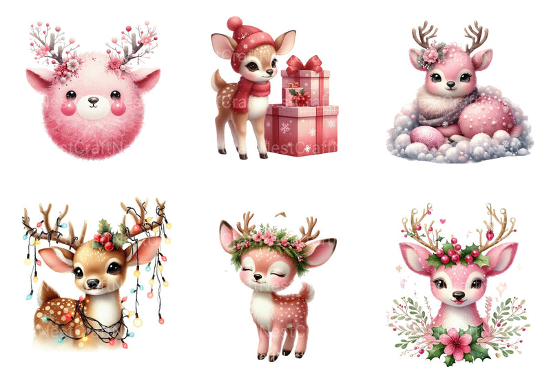 Cute Pink Reindeer & Santa Funny Christmas Clipart Bundle - CraftNest - Digital Crafting and Art