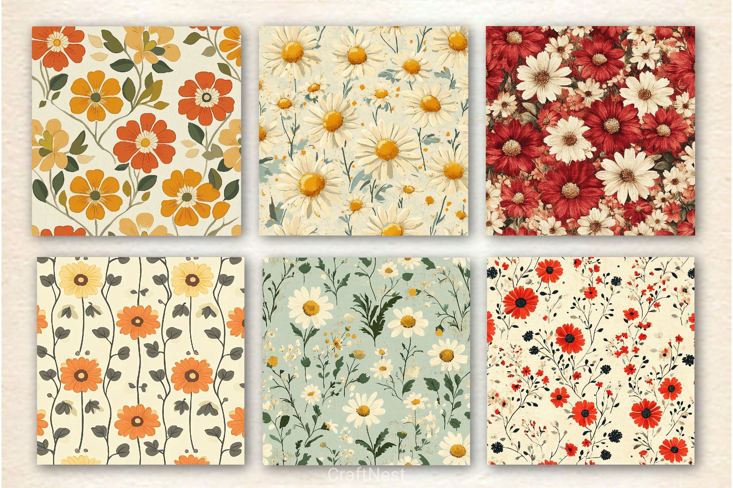 Vintage Cottagecore Daisy Flower Pattern Clipart Bundle - CraftNest - Digital Crafting and Art