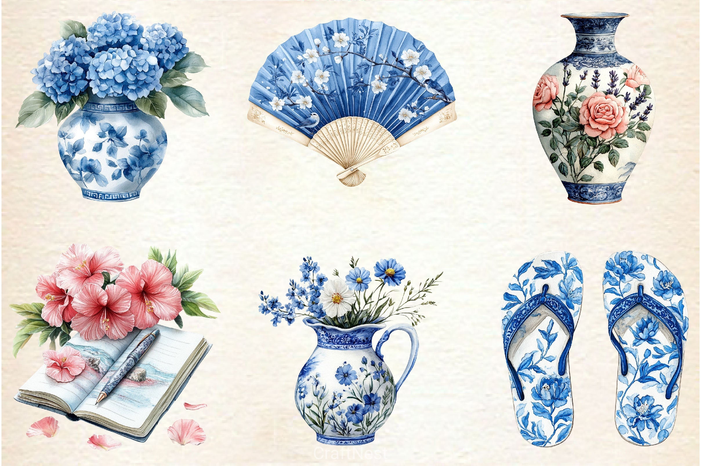 Blue Chinoiserie Summer Clipart Bundle 3 - CraftNest - Digital Crafting and Art