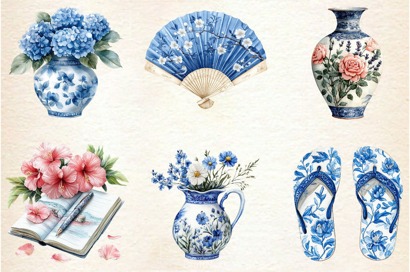 Blue Chinoiserie Summer Clipart Bundle 3 - CraftNest - Digital Crafting and Art