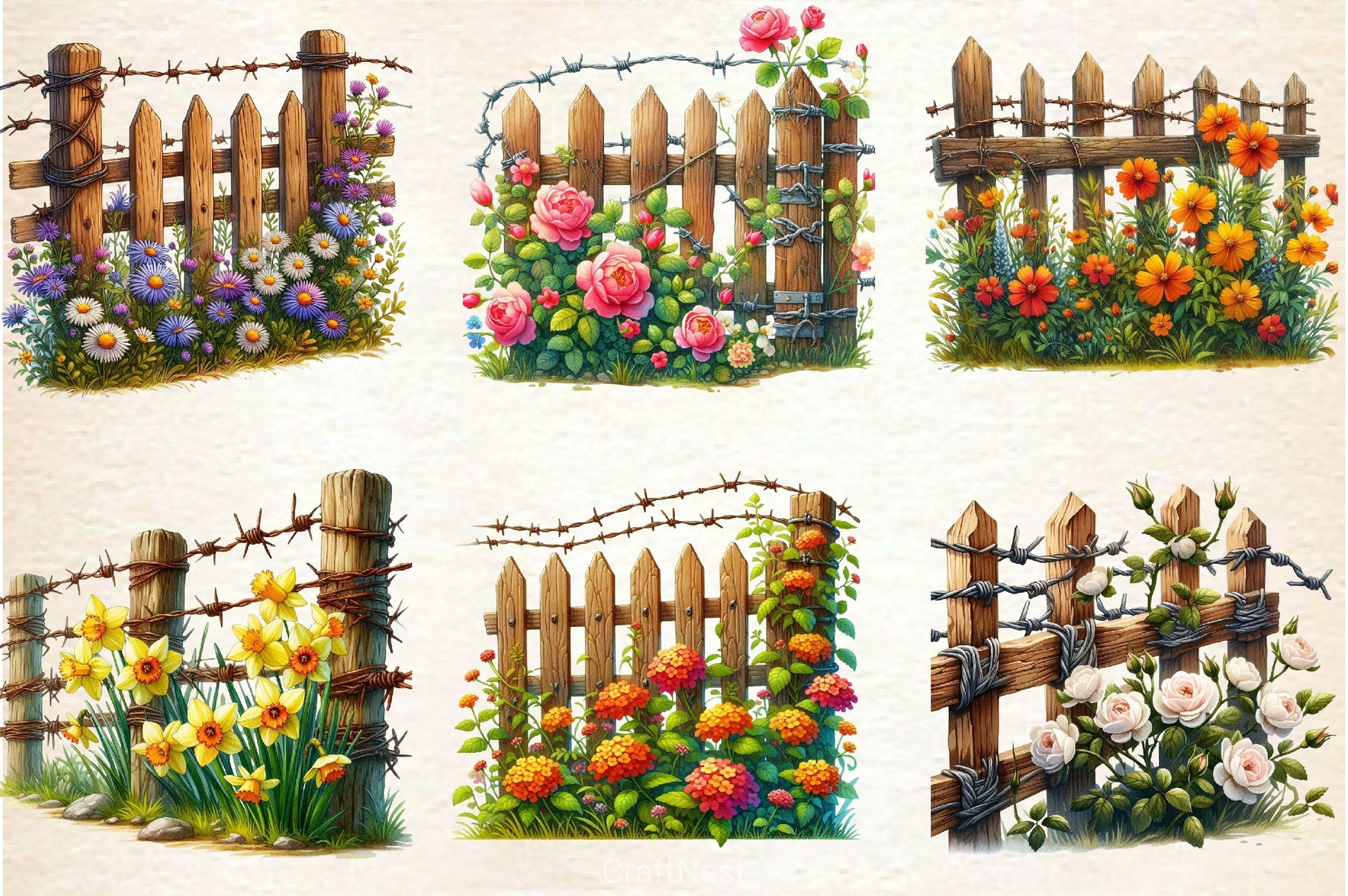Rustic Fence With Flowers Clipart Bundle - CraftNest - Digital Crafting and Art