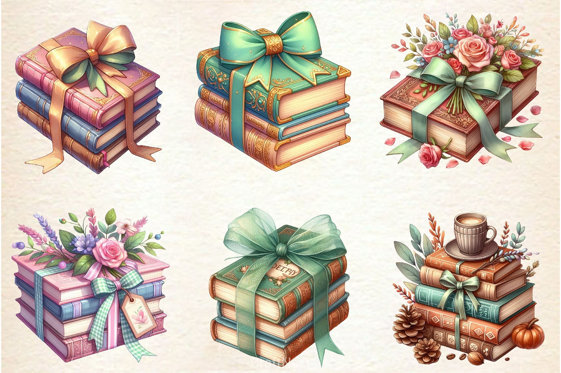 Sage Coquette Bow Book Stack Clipart Bundle - CraftNest - Digital Crafting and Art