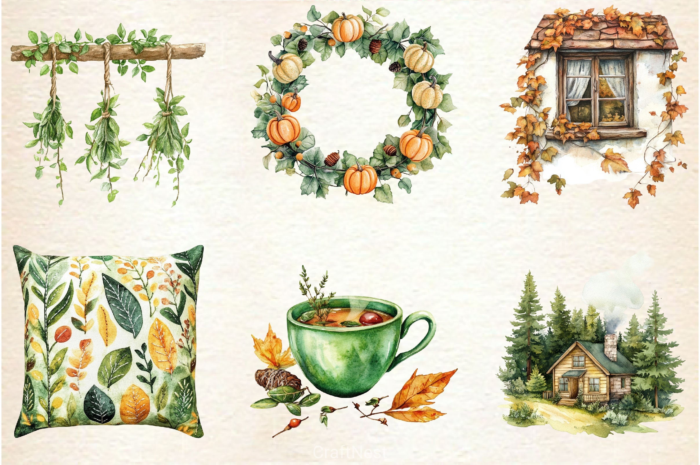 Cozy Green Autumn Clipart Bundle - CraftNest - Digital Crafting and Art