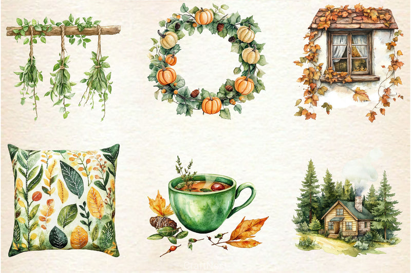 Cozy Green Autumn Clipart Bundle - CraftNest - Digital Crafting and Art
