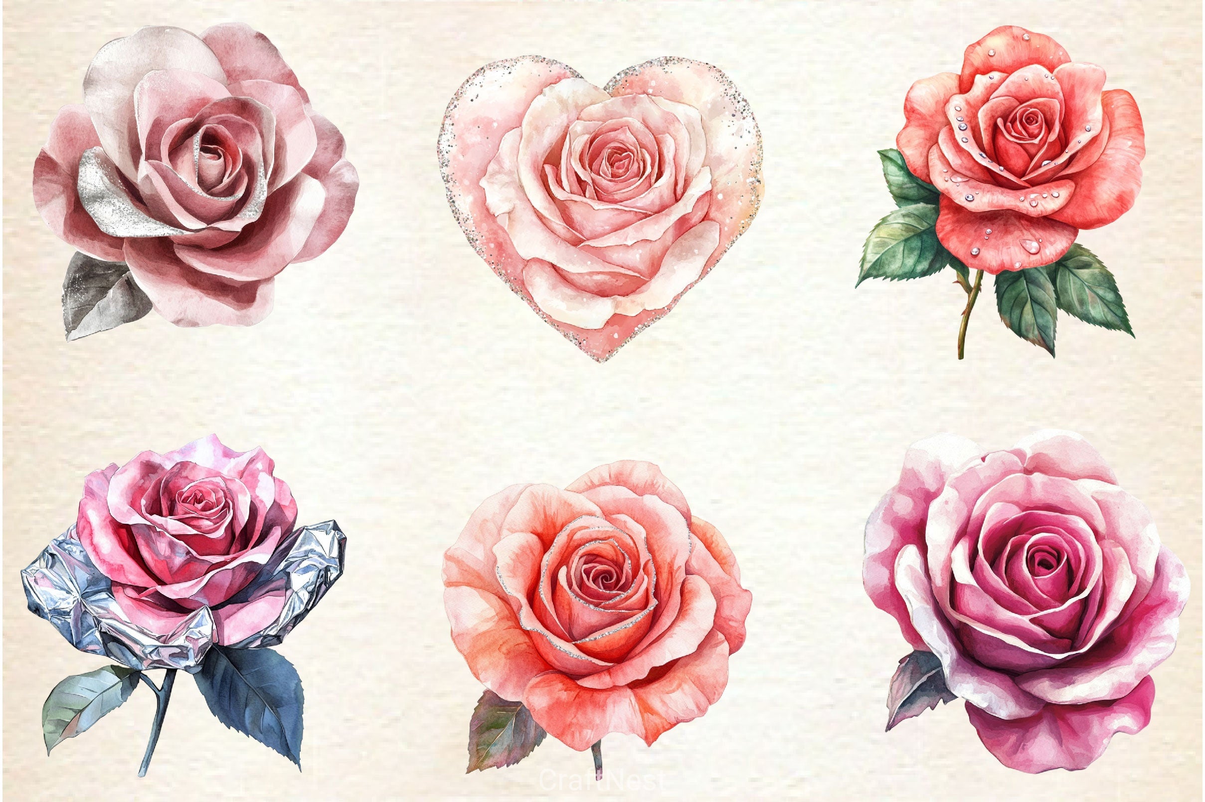Blush And Silver Glam Roses Clipart Bundle - CraftNest - Digital Crafting and Art