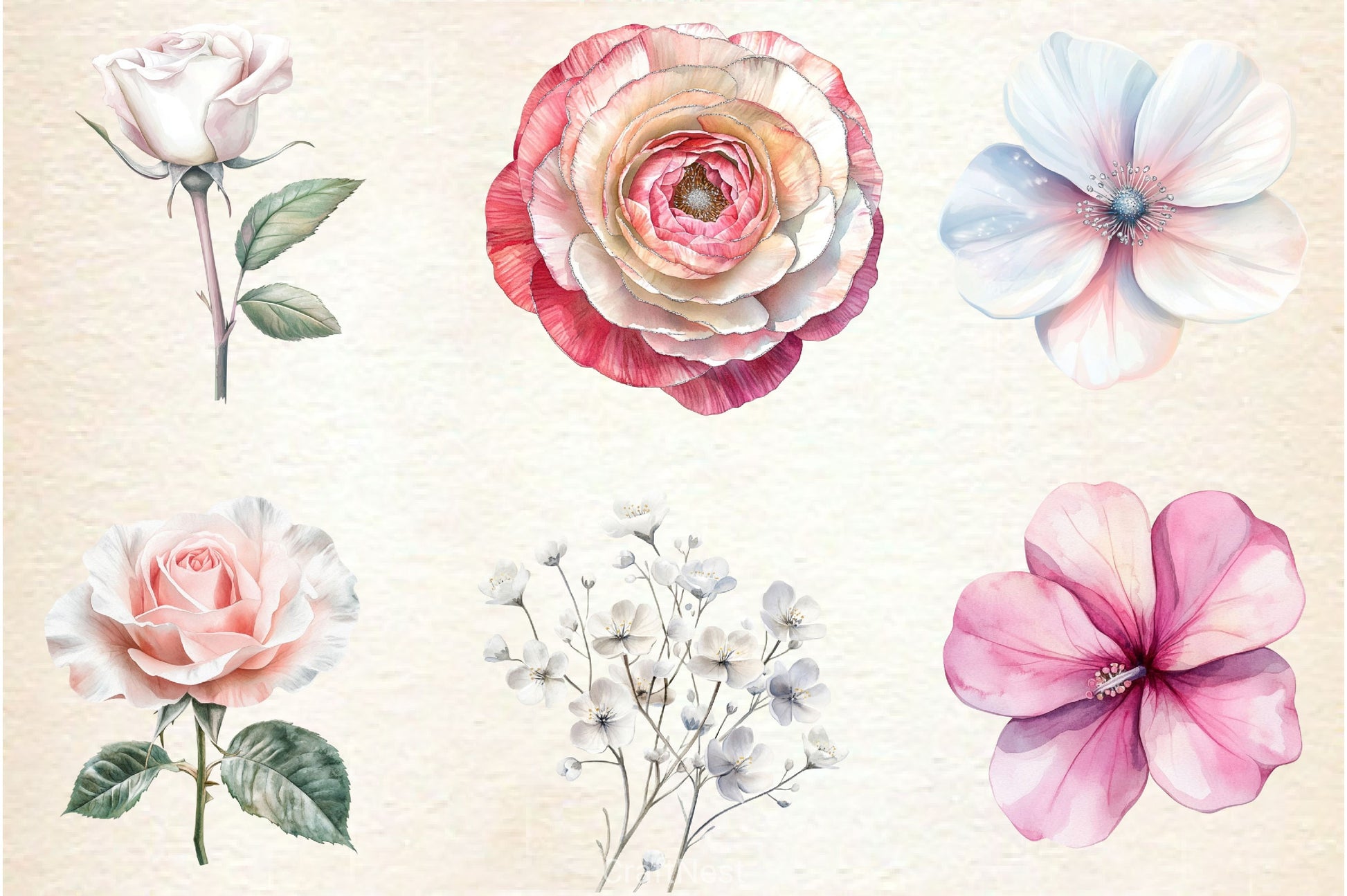 Pink White And Silver Floral Clipart Bundle - CraftNest - Digital Crafting and Art