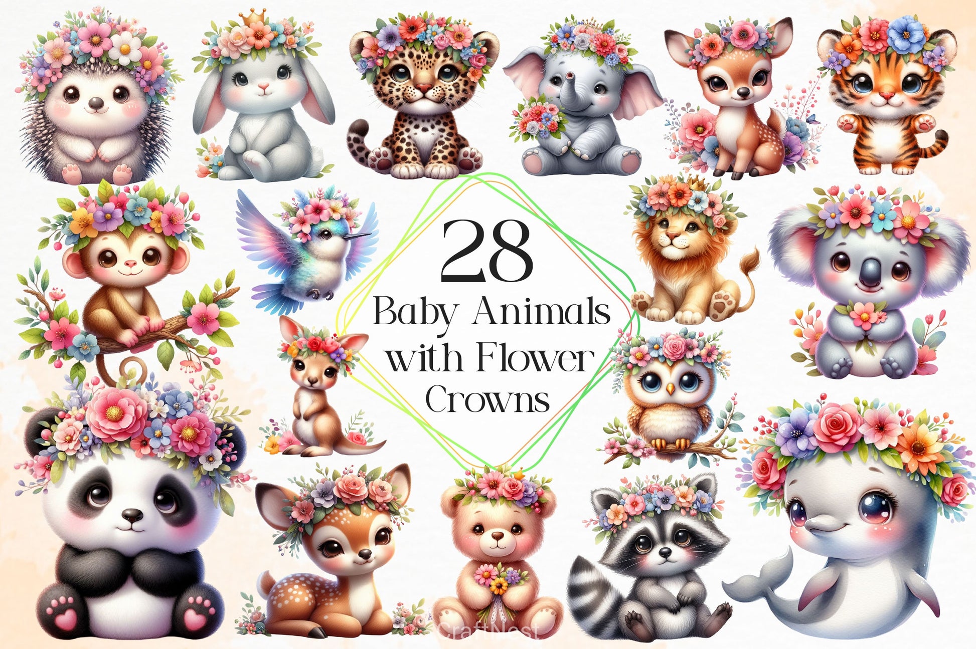Baby Animals With Flower Crowns Clipart Bundle 2 - CraftNest - Digital Crafting and Art