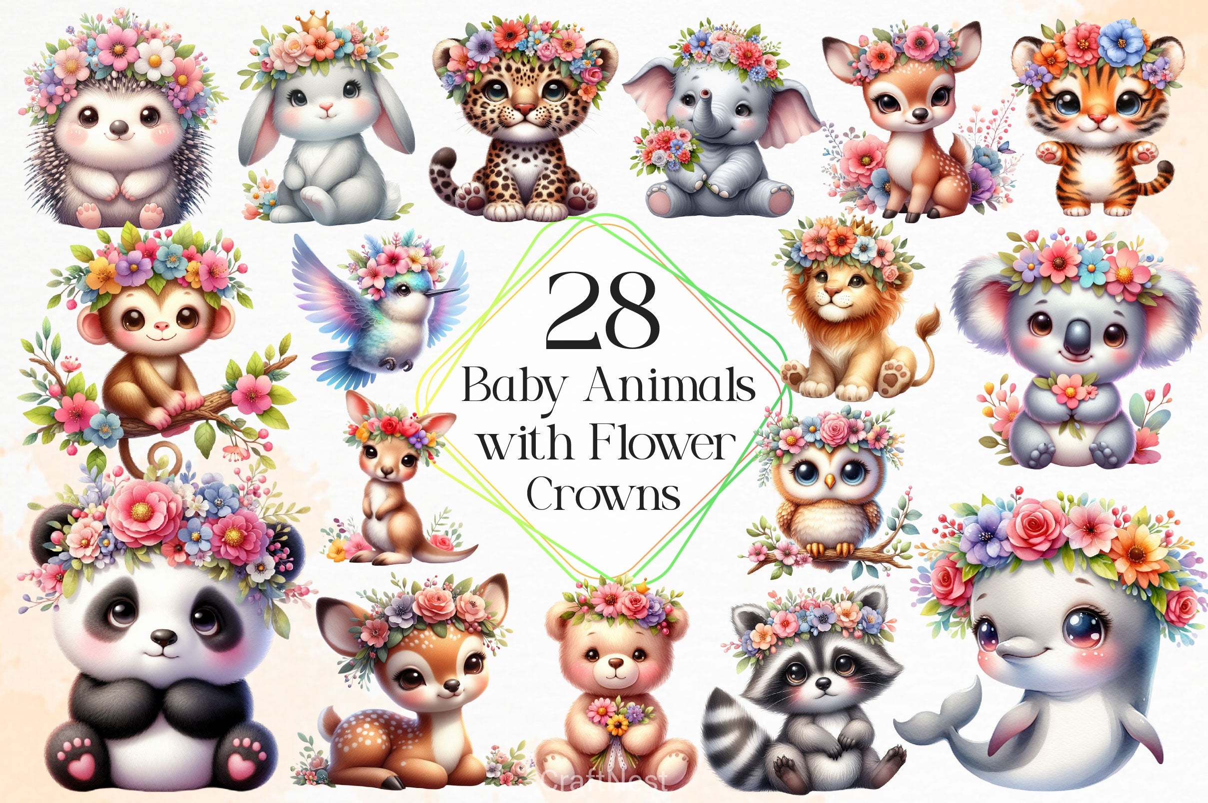 Baby Animals With Flower Crowns Clipart Bundle 2 - CraftNest - Digital Crafting and Art