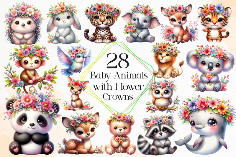 Baby Animals With Flower Crowns Clipart Bundle 2 - CraftNest - Digital Crafting and Art