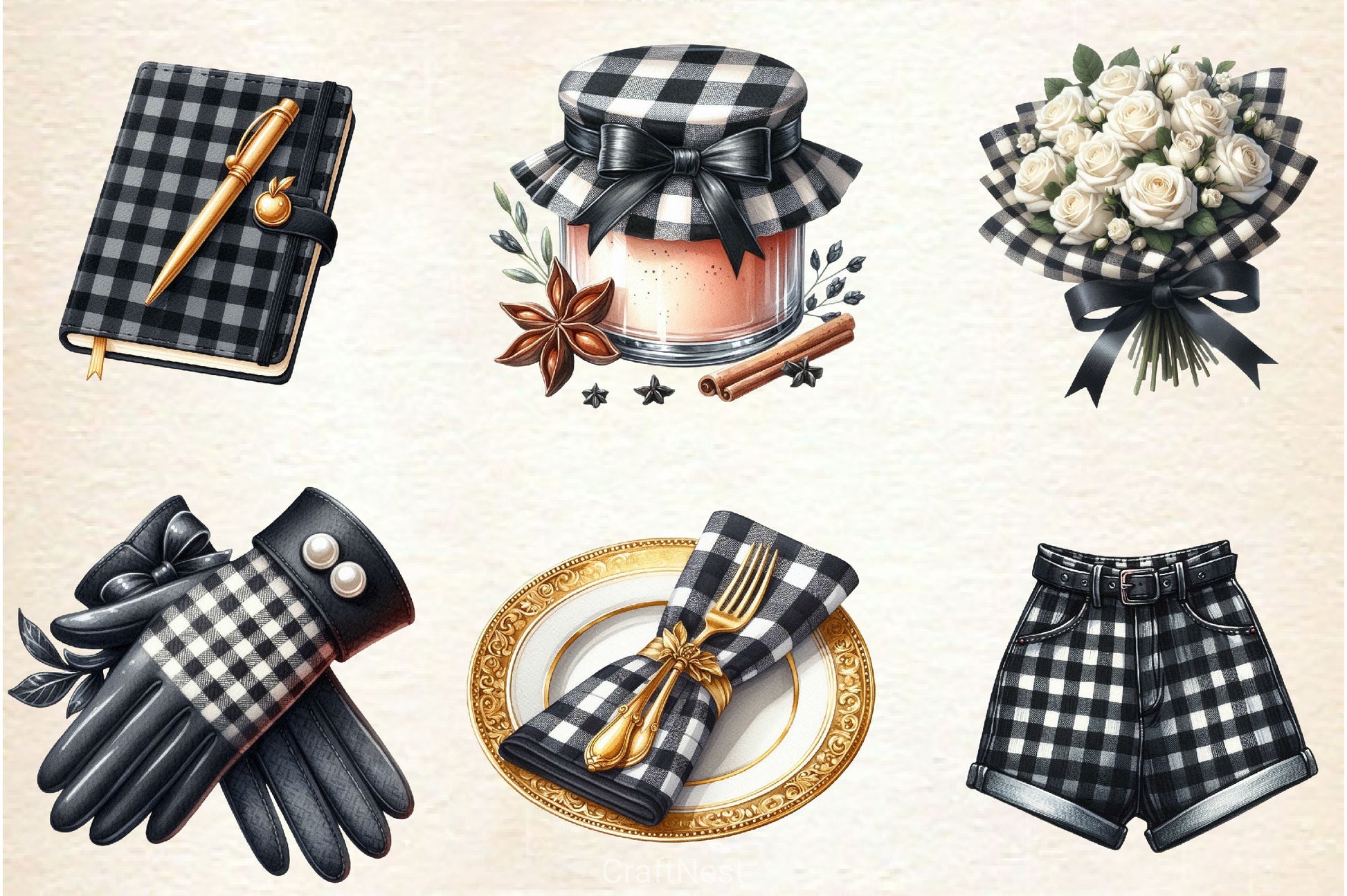 Luxury Black Gingham Summer Clipart Bundle - CraftNest - Digital Crafting and Art