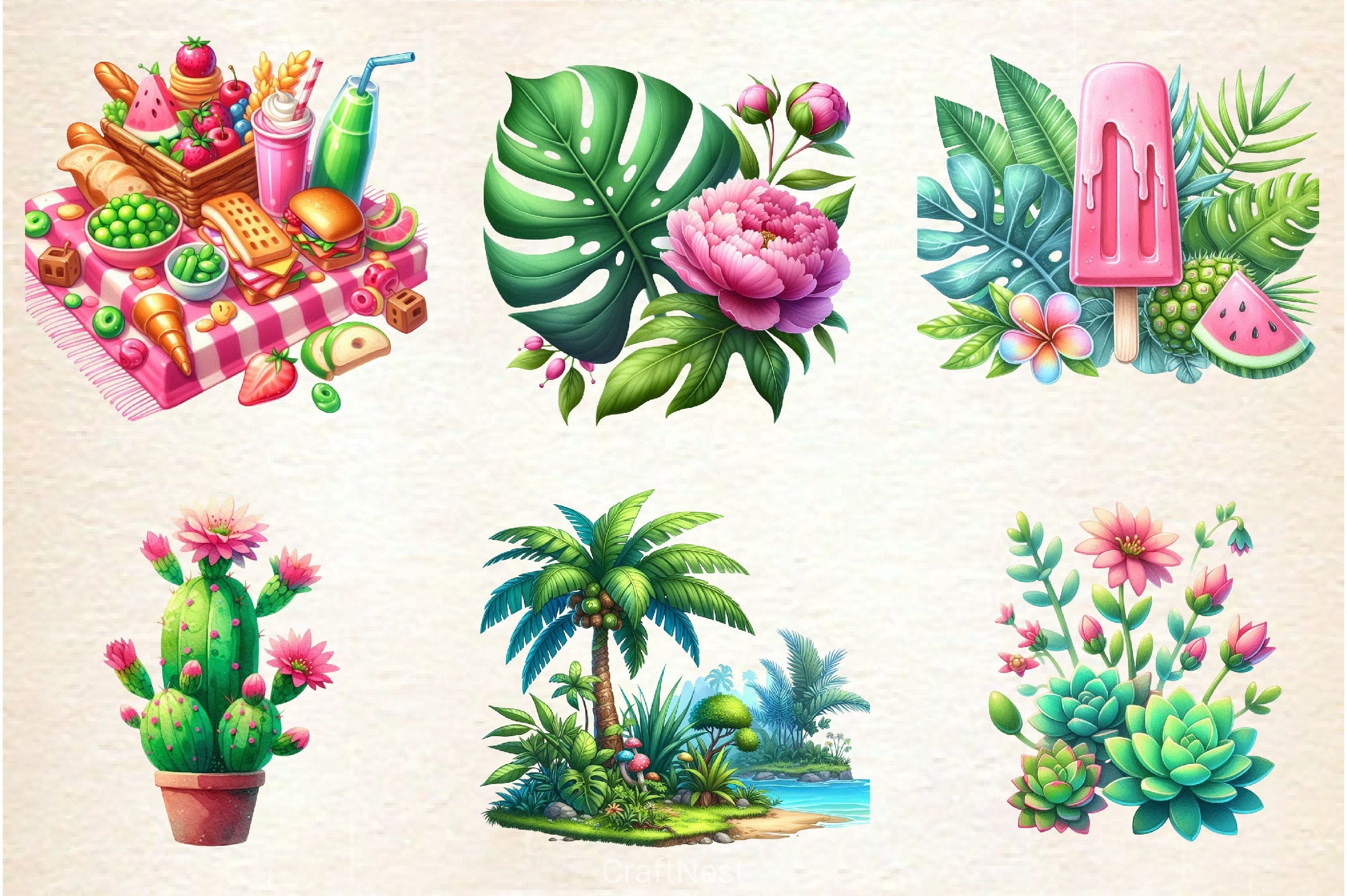 Green & Pink Summer Clipart Bundle 4 - CraftNest - Digital Crafting and Art