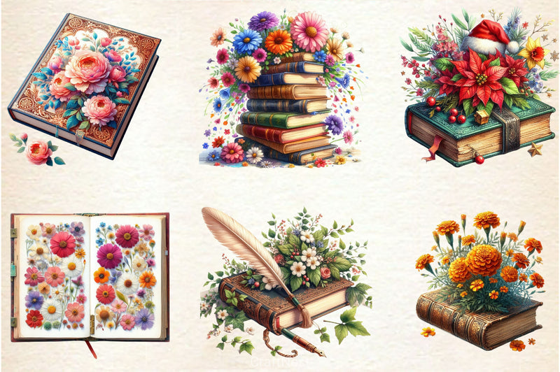 Old Books With Flowers Clipart Bundle 2 - CraftNest - Digital Crafting and Art