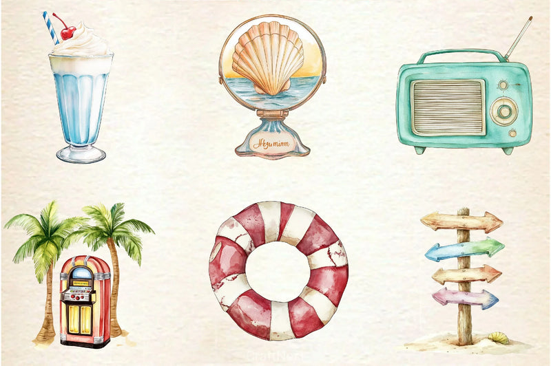 1950s Style Beach Day Clipart Bundle - CraftNest - Digital Crafting and Art