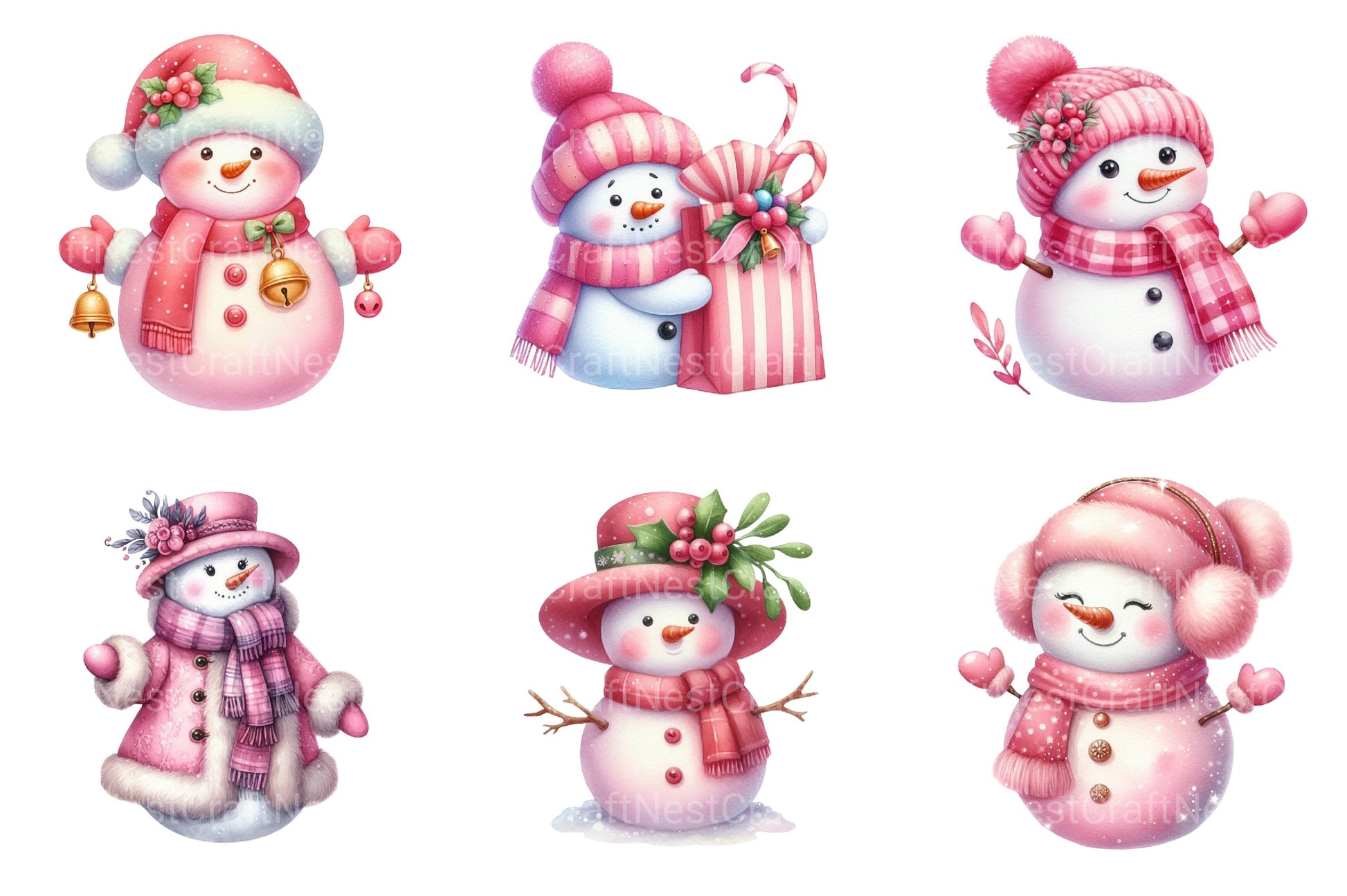 Festive Pink Snowman Christmas Clipart Bundle - CraftNest - Digital Crafting and Art