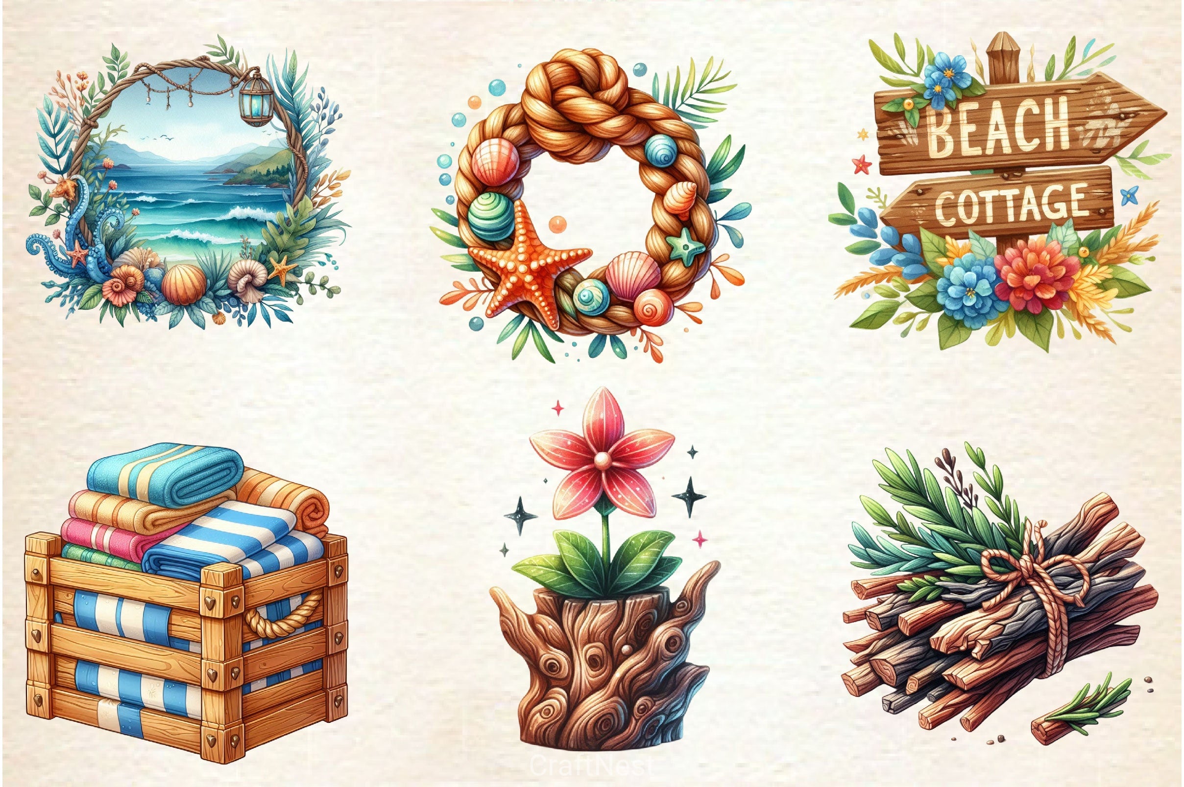 Rustic Coastal Cottage Elements Clipart Bundle - CraftNest - Digital Crafting and Art