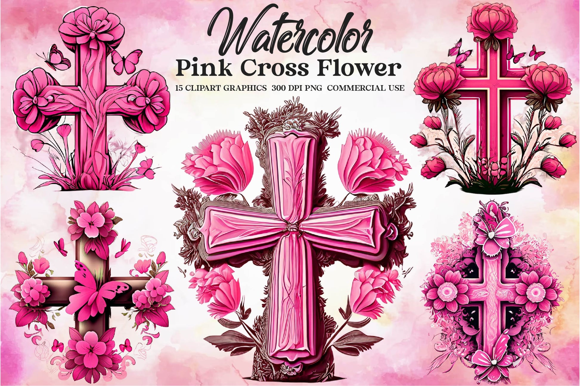 Pink Cross Flower Butterfly Clipart Bundle - CraftNest - Digital Crafting and Art