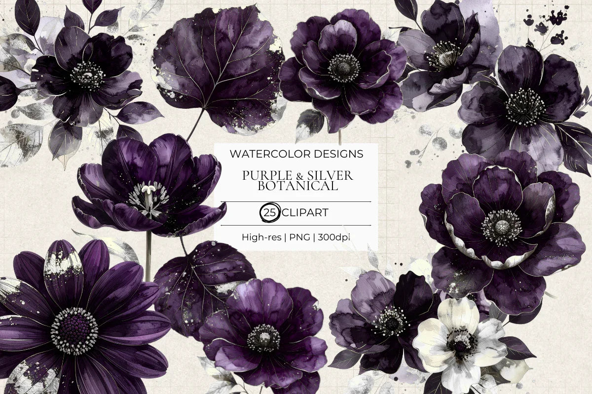 Purple & Silver Botanicals Clipart - CraftNest - Digital Crafting and Art