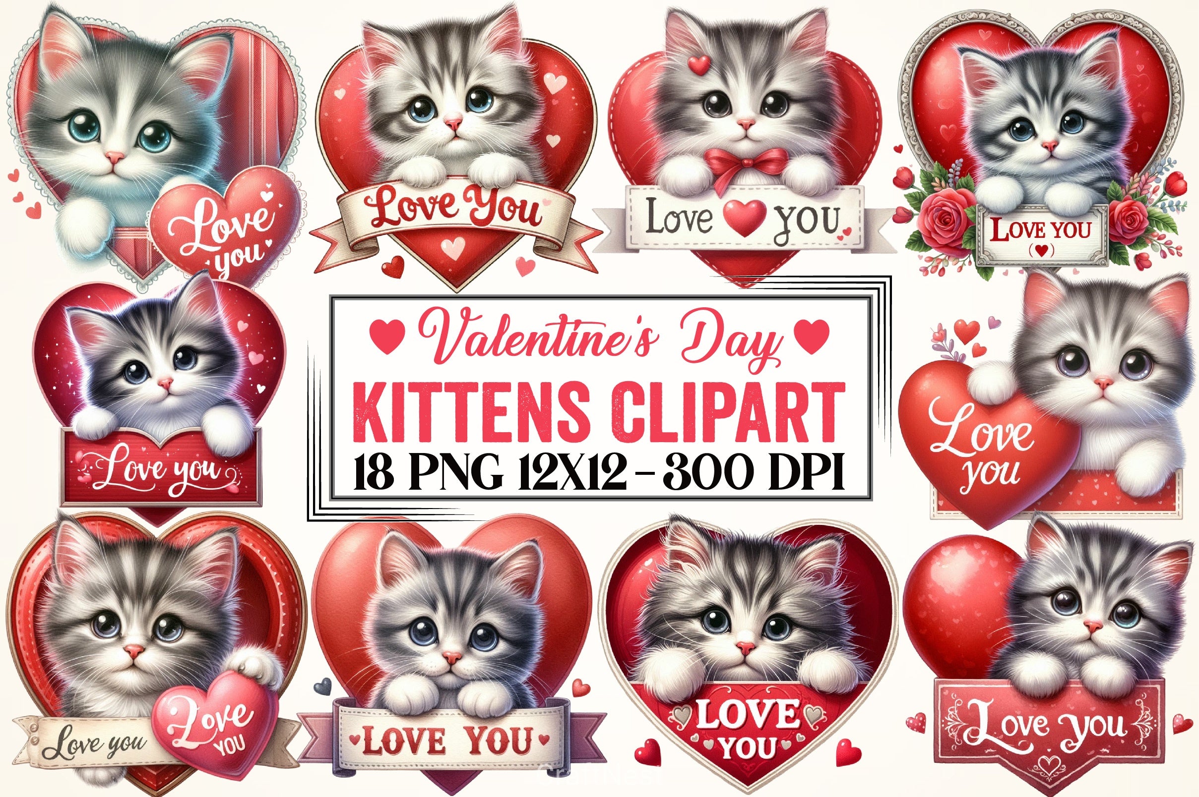 Cute Valentines Kittens Clipart Bundle - CraftNest - Digital Crafting and Art