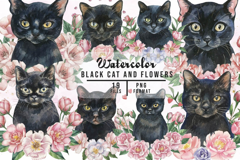 Black Cat And Flowers Clipart Bundle - CraftNest - Digital Crafting and Art